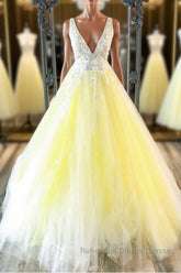 Yellow v neck tulle lace long Semi Formal Prom Dresses yellow formal Dresses